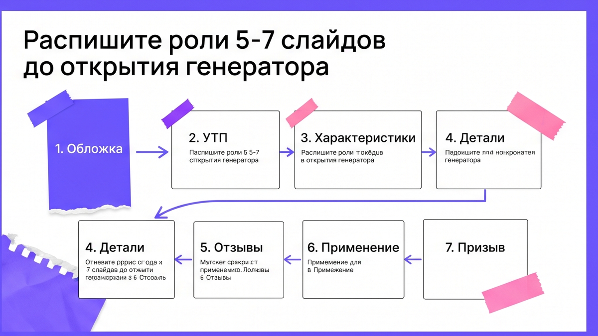 Схема ролей 5–7 слайдов карточки до открытия генератора