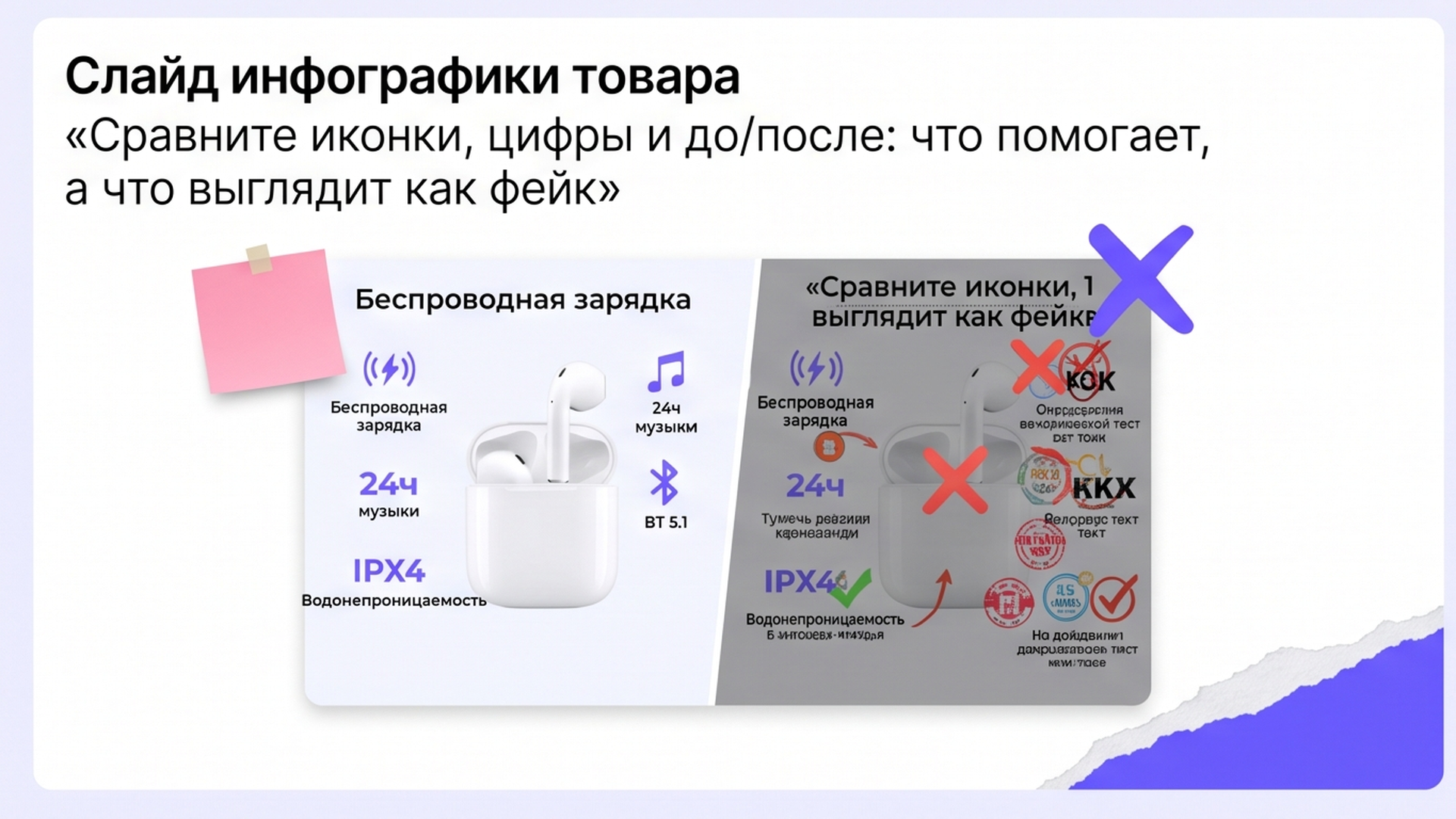 Сравнение: честные иконки и цифры против фейковых плашек на слайде