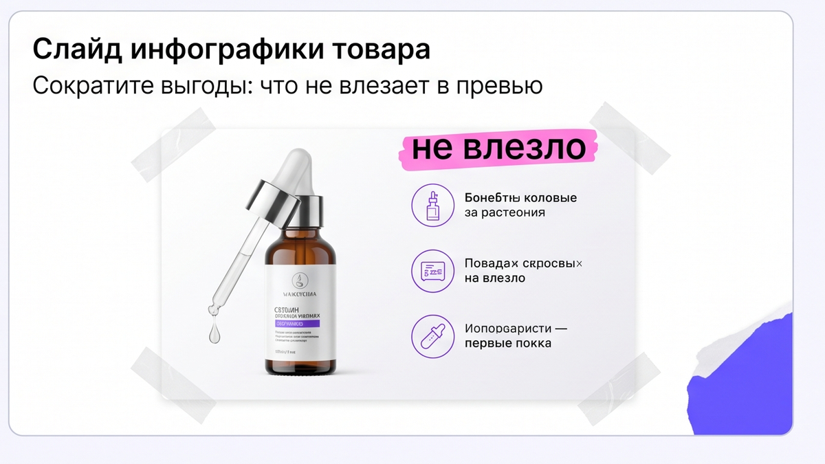 Слайд выгод: флакон сыворотки и сокращённый набор плашек для превью