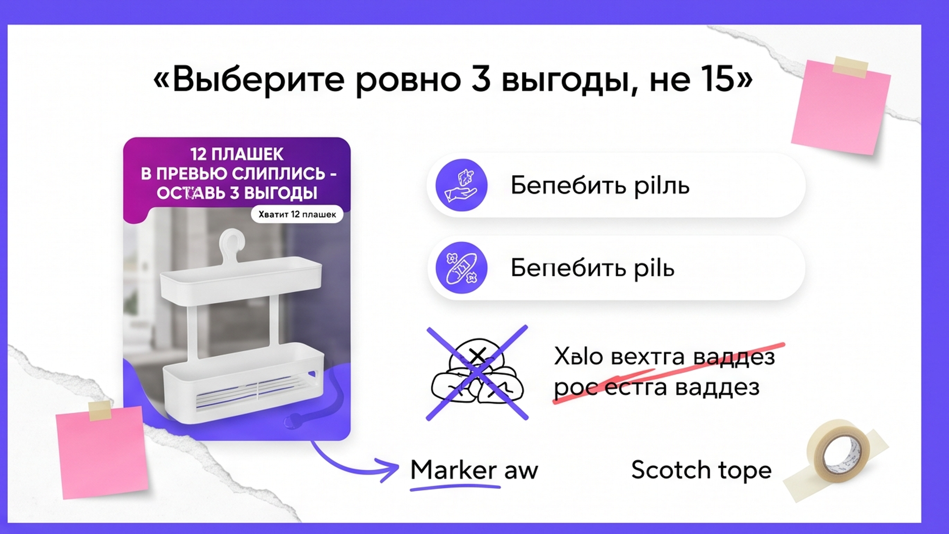 Слайд инфографики: три проверяемые выгоды вместо пятнадцати плашек