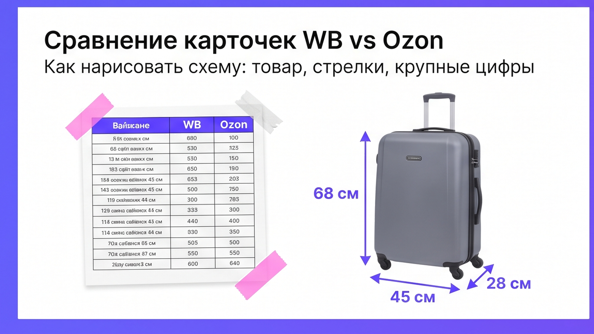 Сравнение: мелкая таблица против схемы со стрелками на чемодане