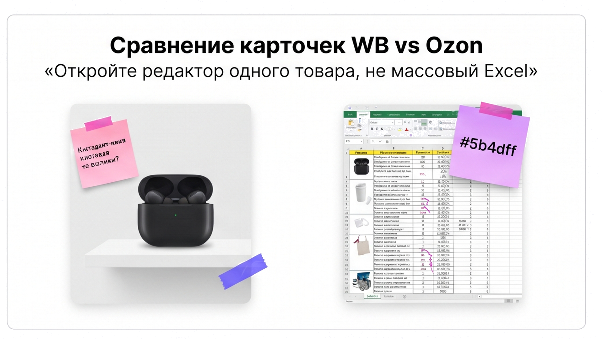 Сравнение: один товар в кабинете WB против массового Excel