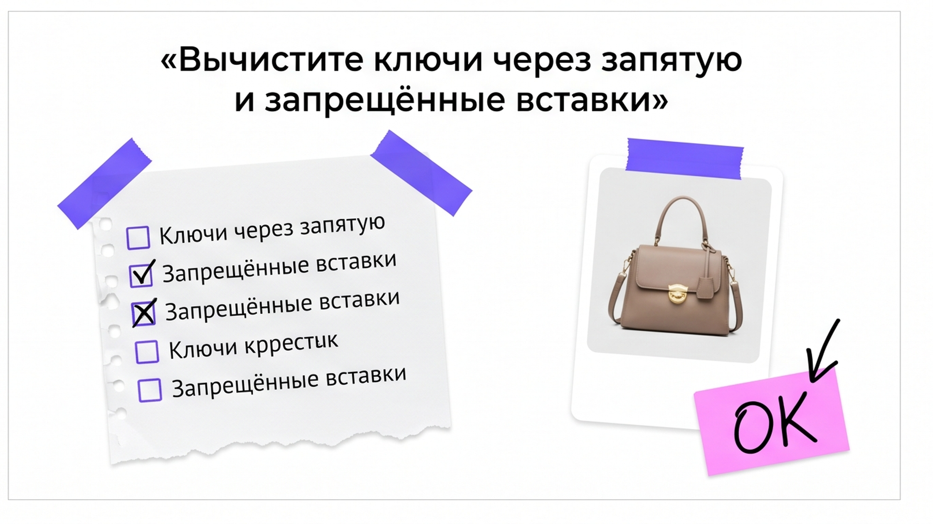 Чеклист очистки описания: без ключей через запятую и запрещённых вставок