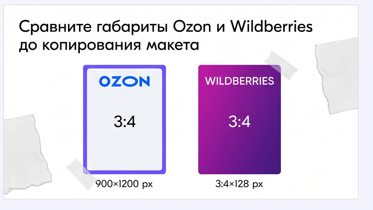 Сравнение габаритов карточек Ozon и Wildberries до копирования макета