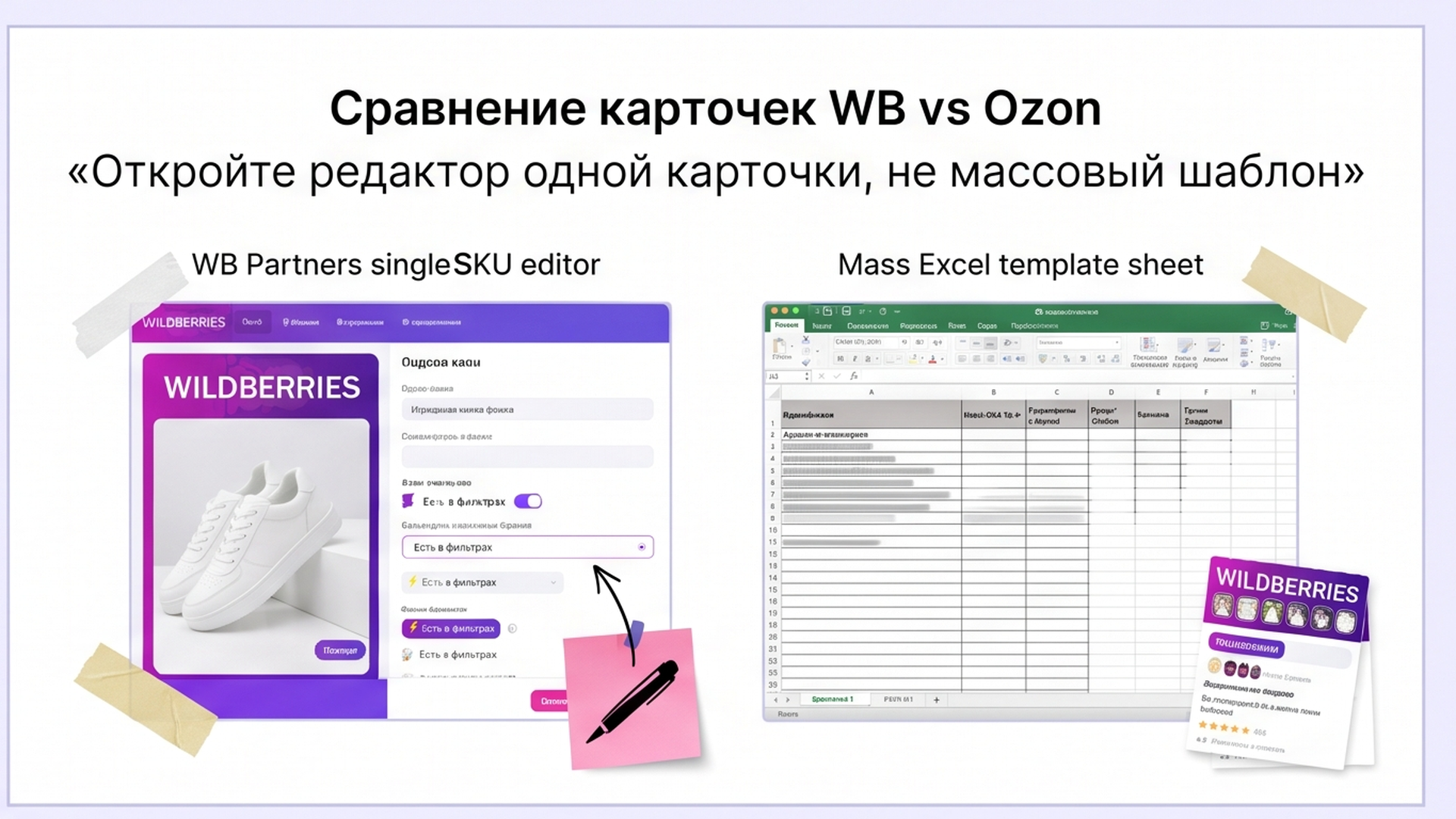 Сравнение: редактор одной карточки WB против массового Excel-шаблона
