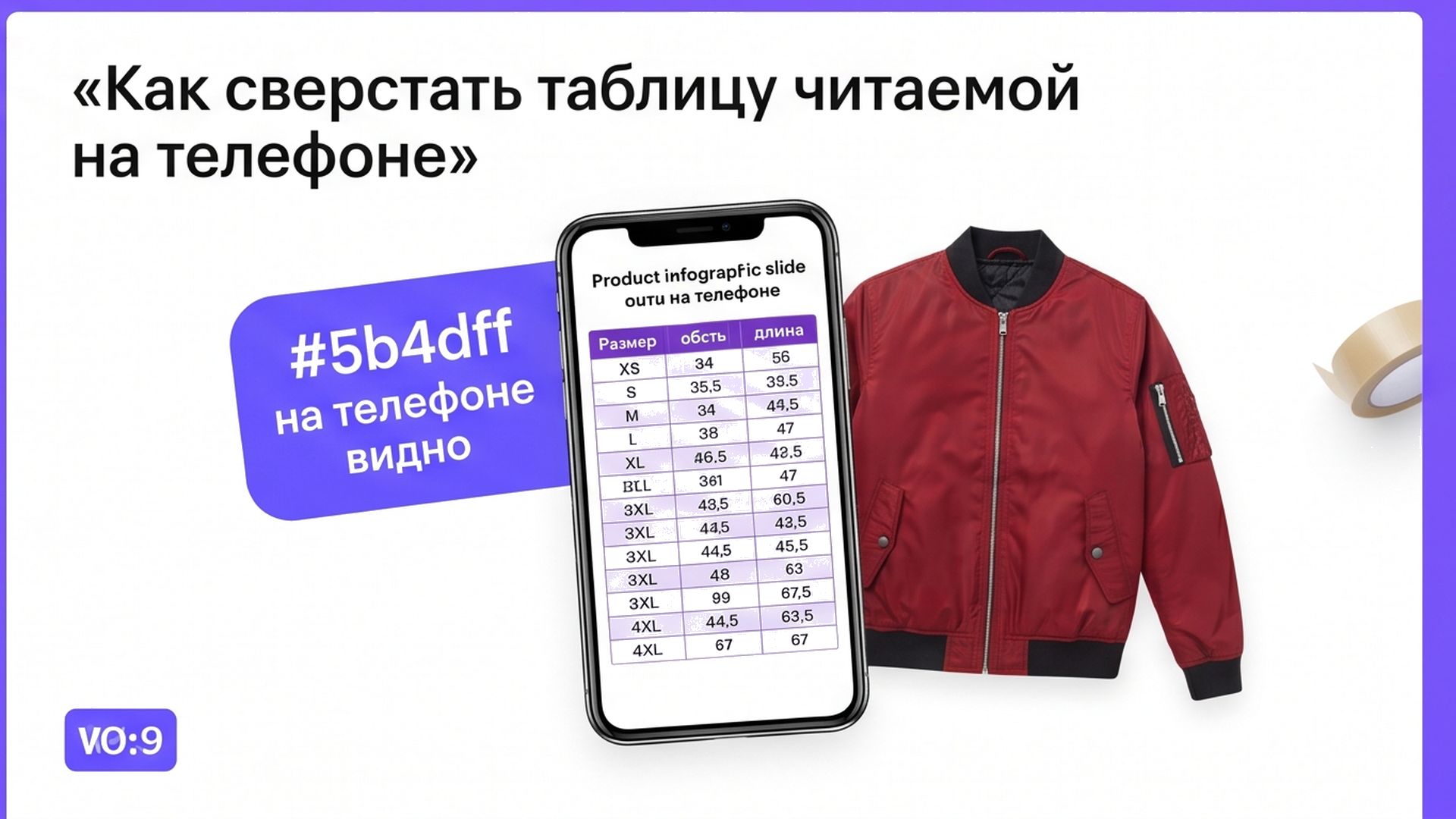 Крупная размерная таблица на экране телефона
