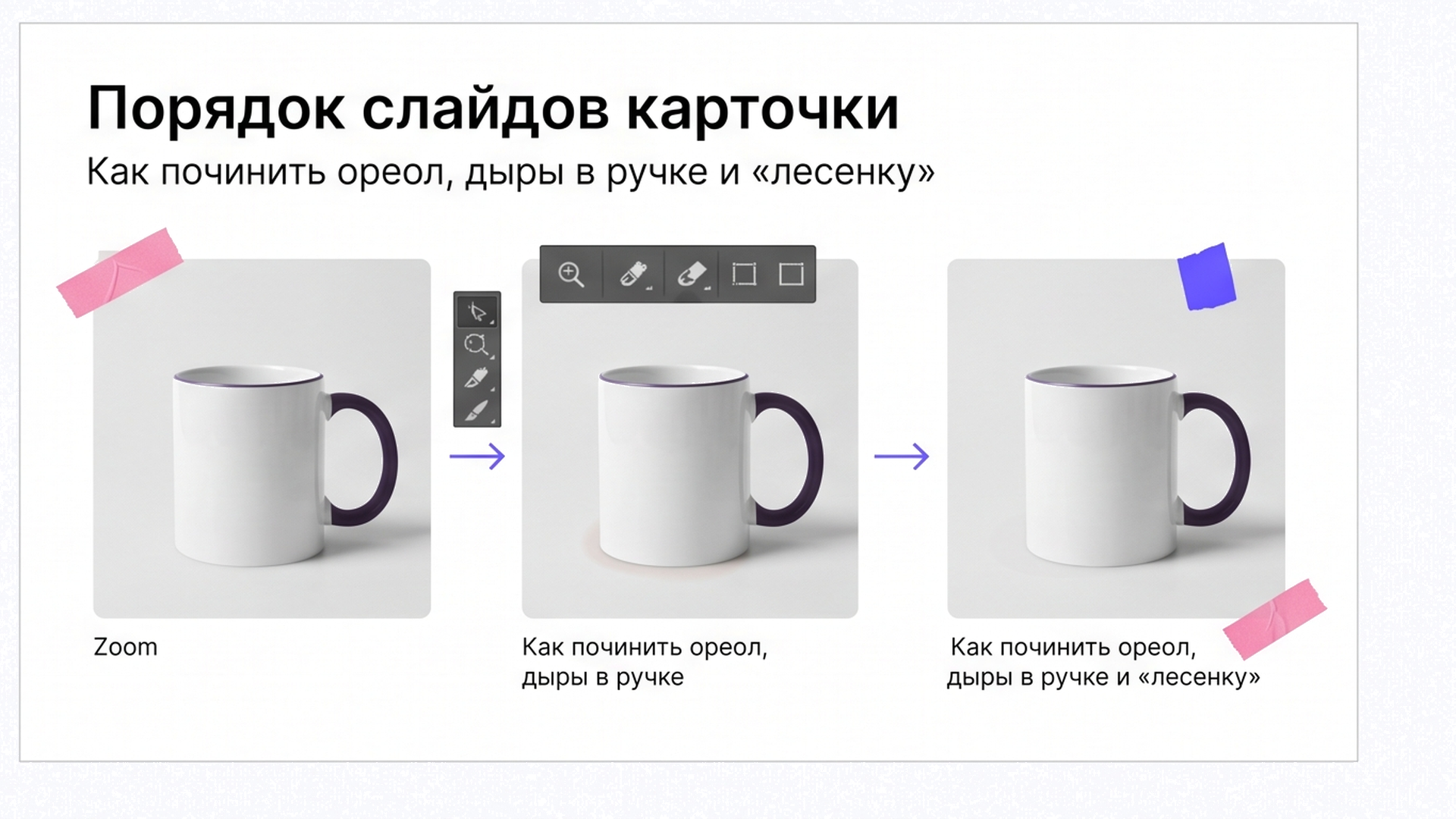 Схема: починка ореола и дыр у ручки кружки перед белым холстом